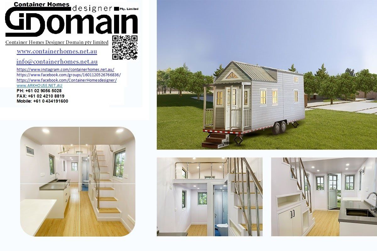 Advertisement for GDomain tiny home design with interior and exterior renderings.