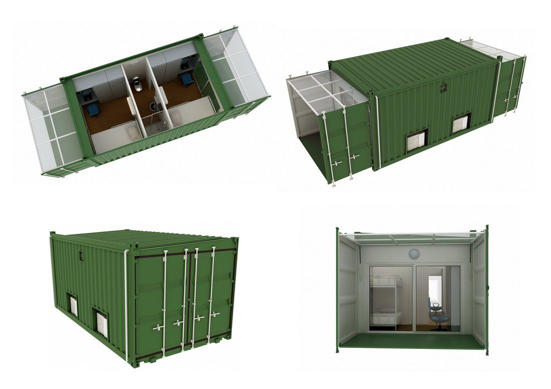 Four green modular container office views: top-down interior, side, angled, and interior.