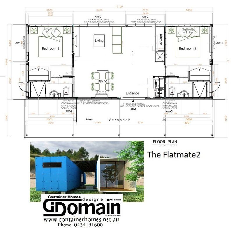 Floor plan of a container home: two bedrooms, living area, and veranda. A blue and white container model is shown below.