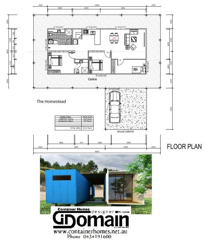 Floor plan and exterior rendering of a container home with dimensions, showing car parking and a blue and beige design.