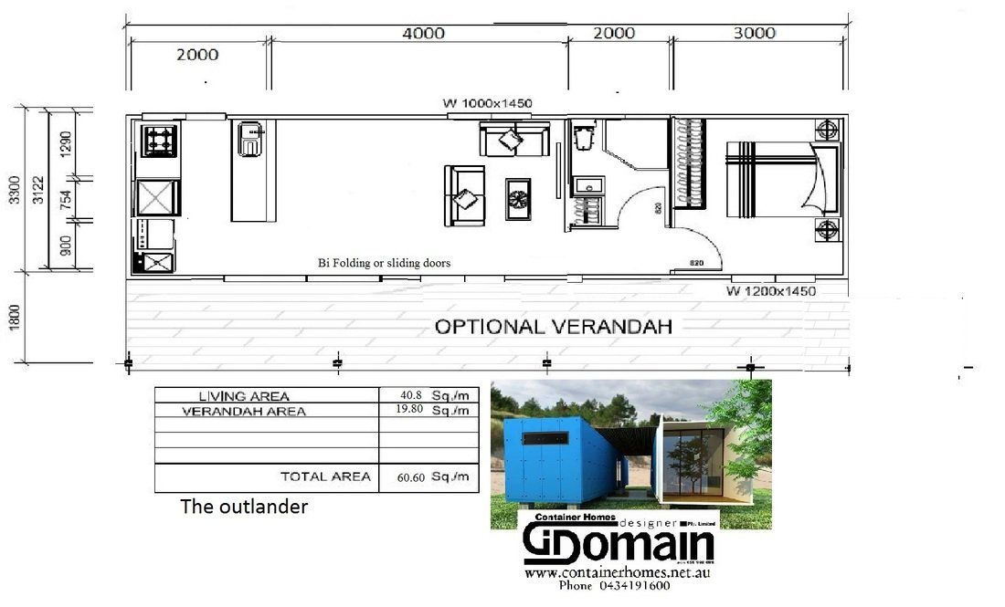 Floor plan of a container home with dimensions and labels; includes a photo of a blue container home.