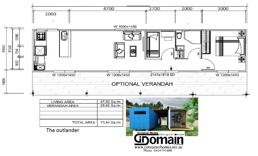 Floor plan with dimensions and furniture layout; a container building design.