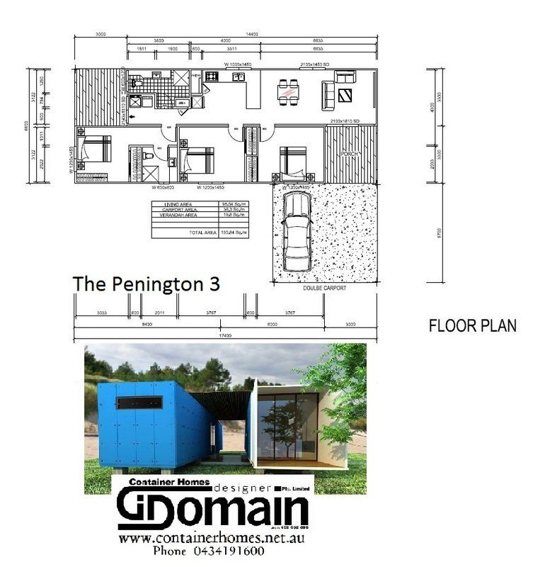 Floor plan of The Penington 3 shipping container home, with exterior rendering and company logo.