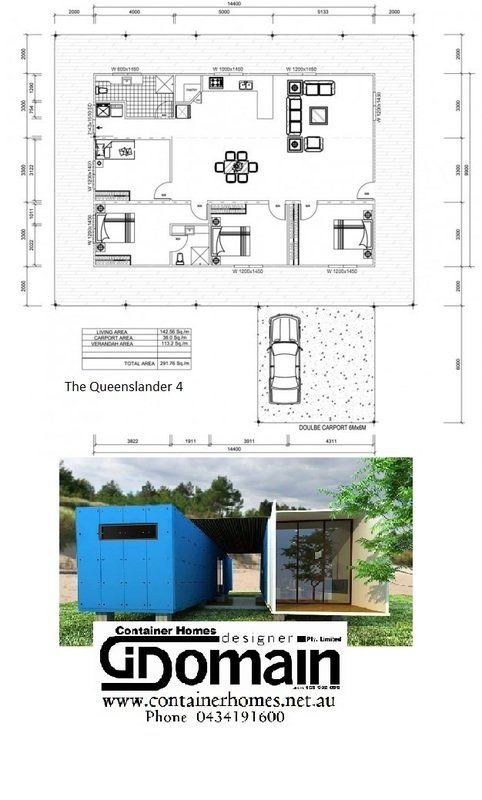 Floor plan and exterior view of a container home, with dimensions and a driveway detail.
