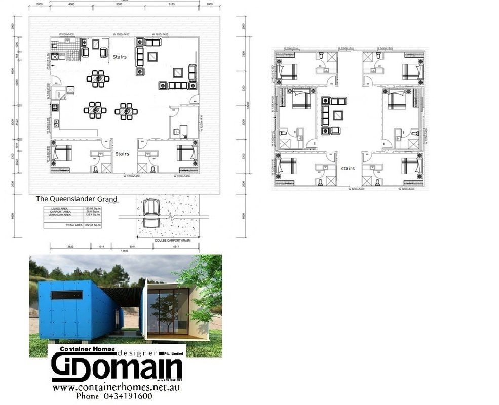 Floor plans and an exterior view of modular container homes.