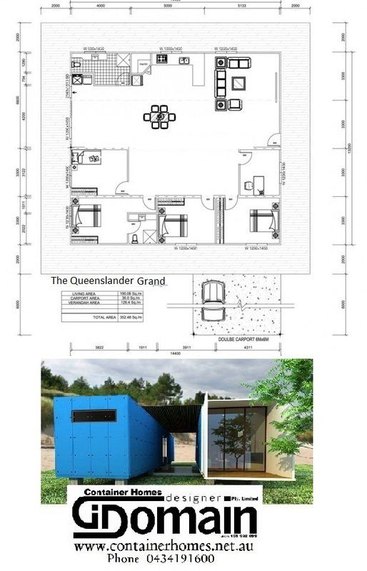 Floor plan and photo of container homes with blue and white containers.