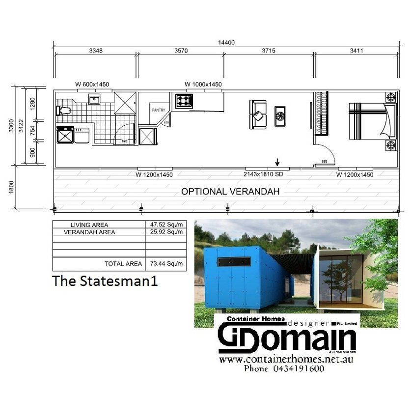 Floor plan of a container home with an optional veranda. Includes dimensions, layout, and a blue container home image.