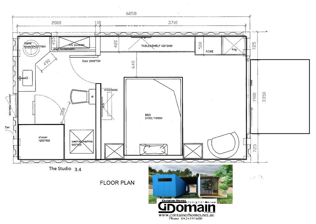 Floor plan for a small building. Interior layout with furniture, labeled spaces, and dimensions. Features a porch.