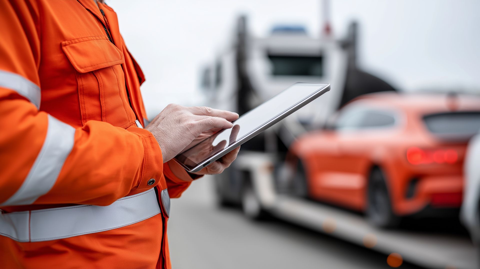 Person in orange safety gear using a tablet near a tow truck carrying an orange car.