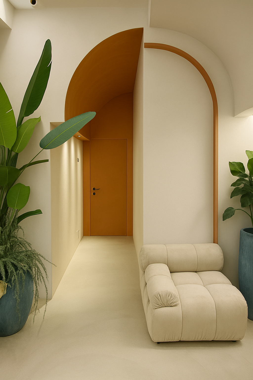 Corridoio con arco e divano color crema incorporato; piante in vasi blu, porta color senape, pareti bianco sporco.