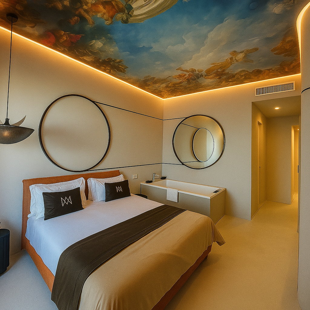 Camera da letto con letto, vasca da bagno e soffitto dipinto.