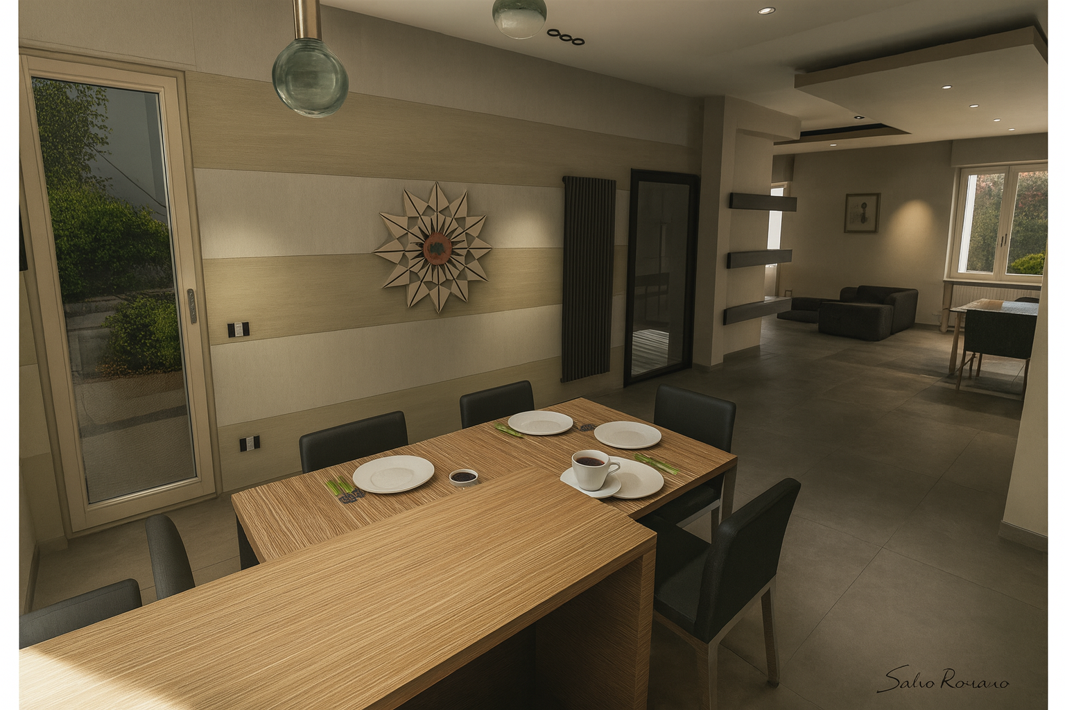 Sala da pranzo con tavolo apparecchiato, orologio a forma di fiore sulla parete e porta che si apre su un patio.
