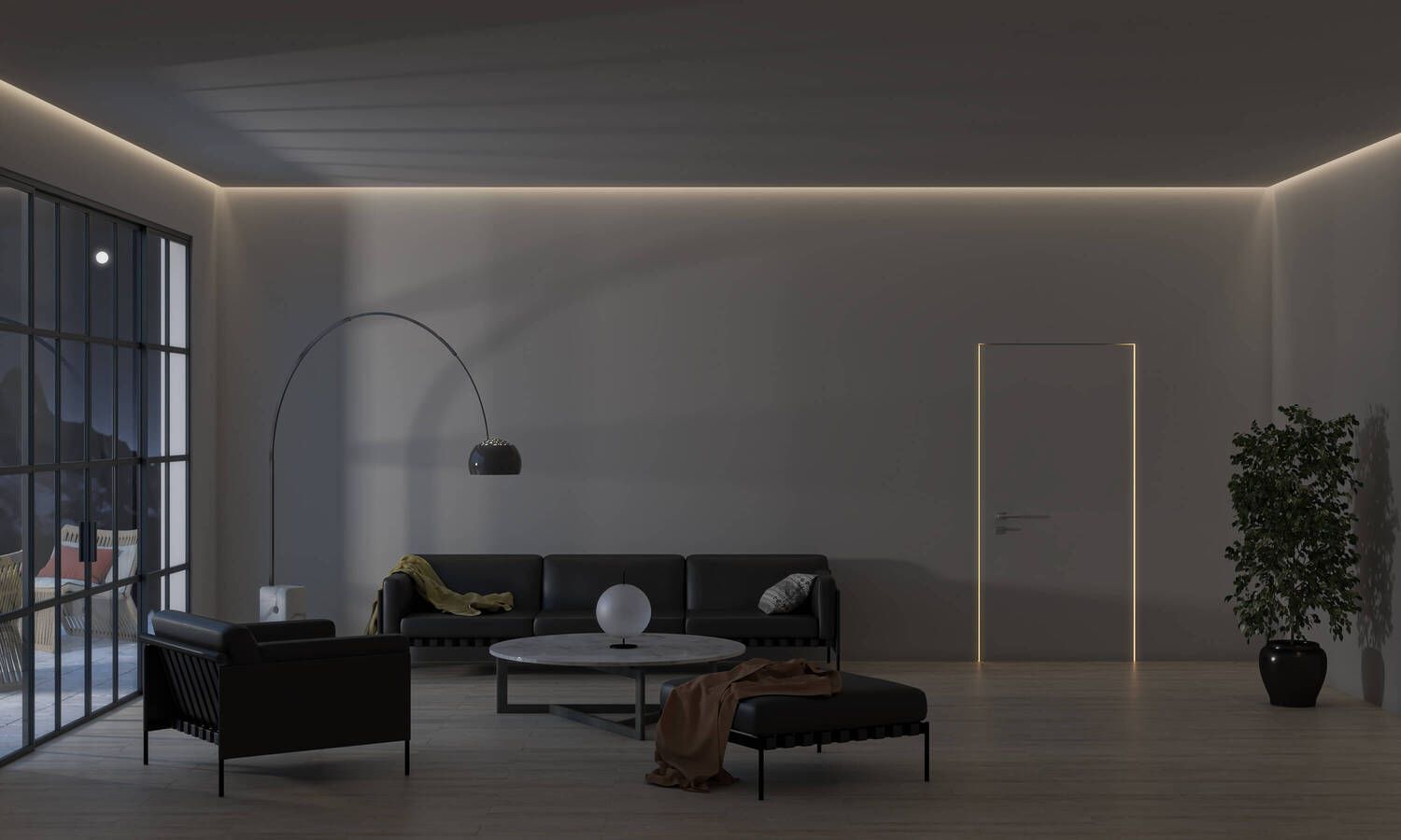 Soggiorno moderno con mobili neri, calda illuminazione dall'alto e ampie finestre.