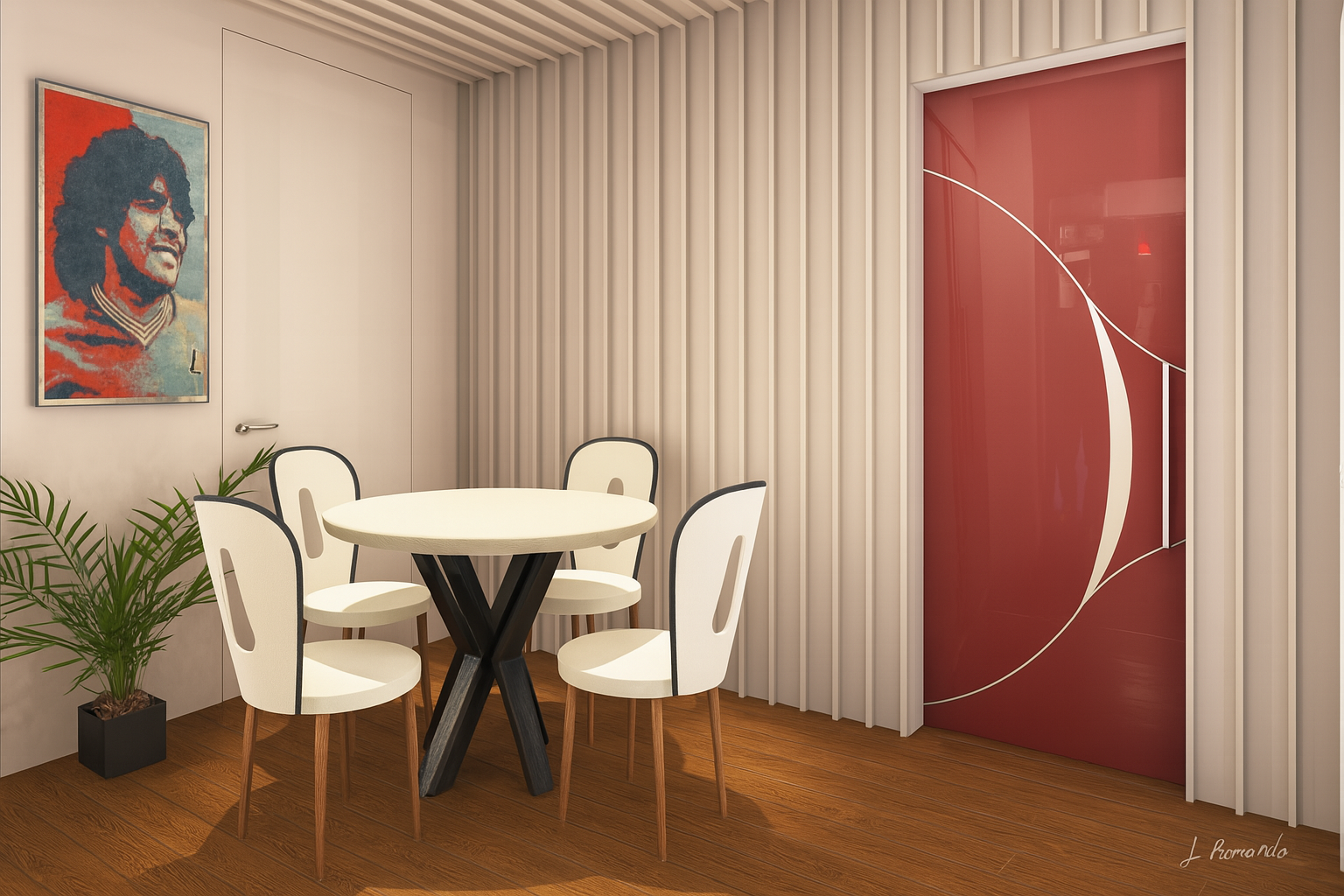 Una sala da pranzo con tavolo, sedie e una porta rossa. Un'opera d'arte è appesa alla parete e c'è una pianta in vaso.