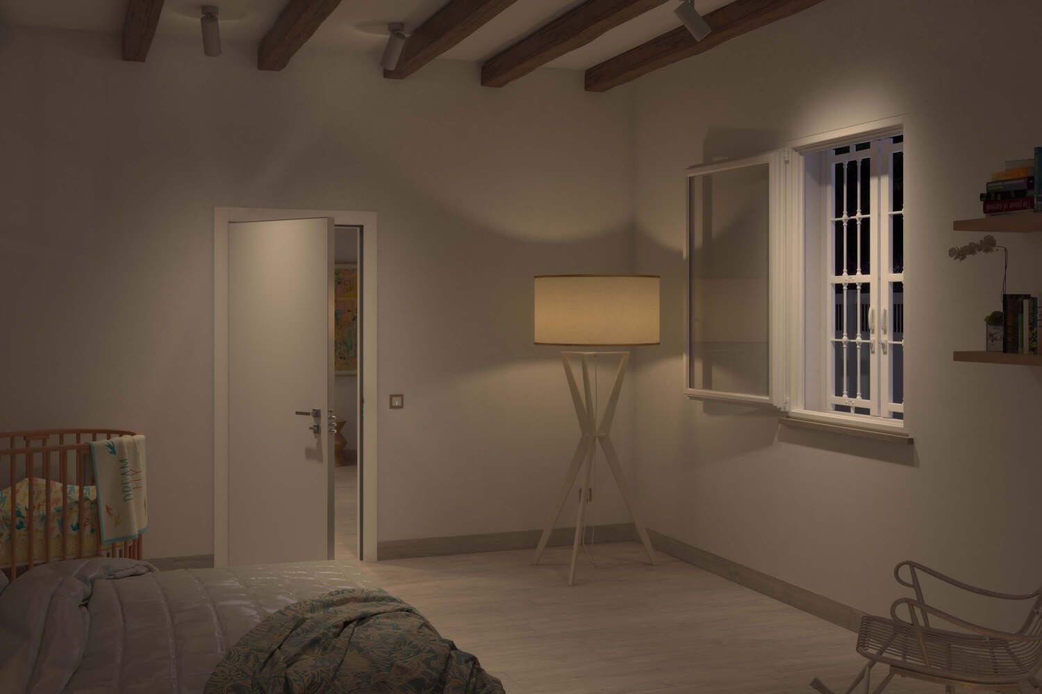 Interno della camera da letto con finestra aperta, letto, culla, lampada e porta, illuminata da una luce calda.