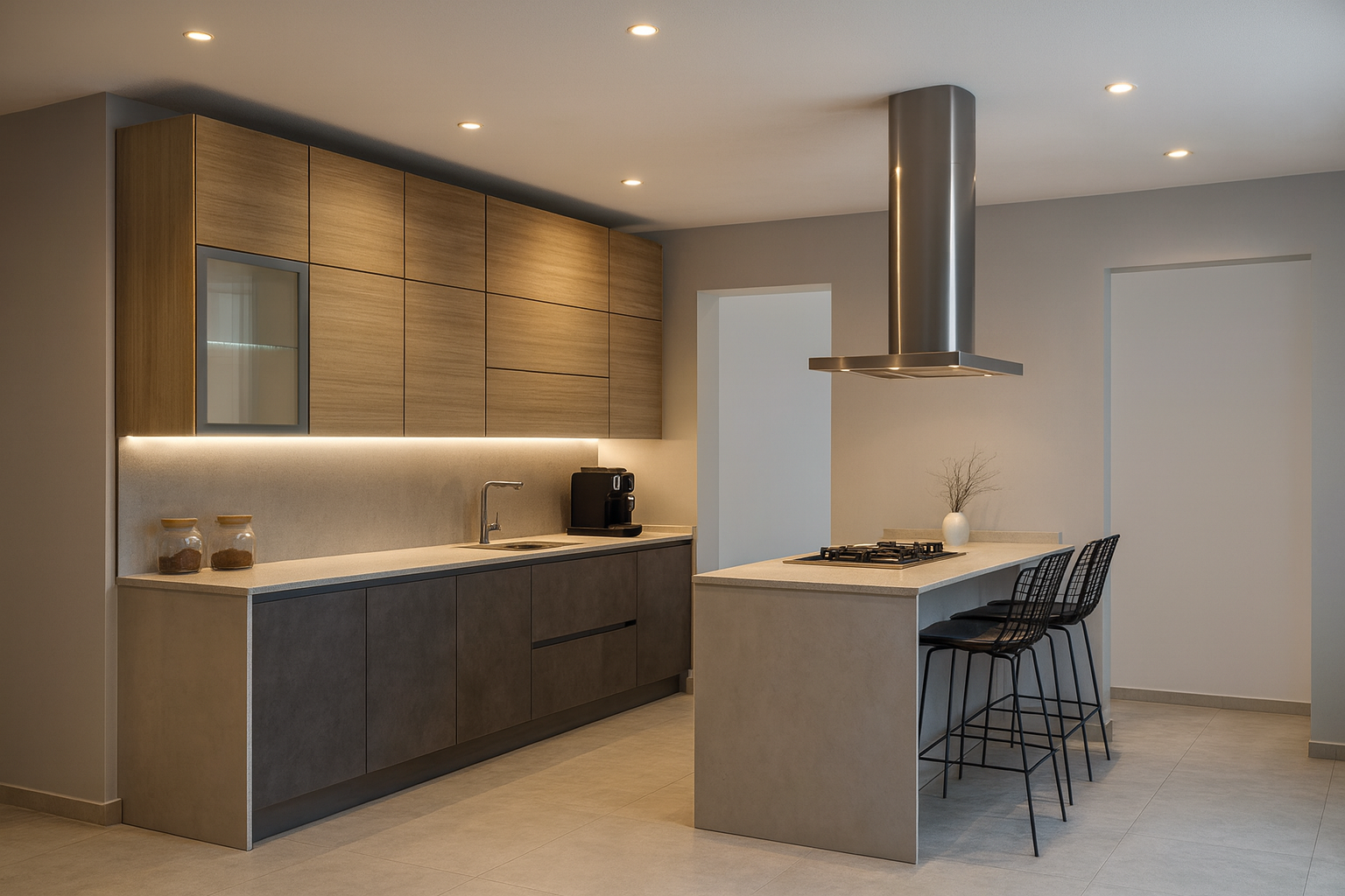 Cucina moderna con mobili in legno e grigi, isola con sgabelli e cappa aspirante in acciaio inossidabile.