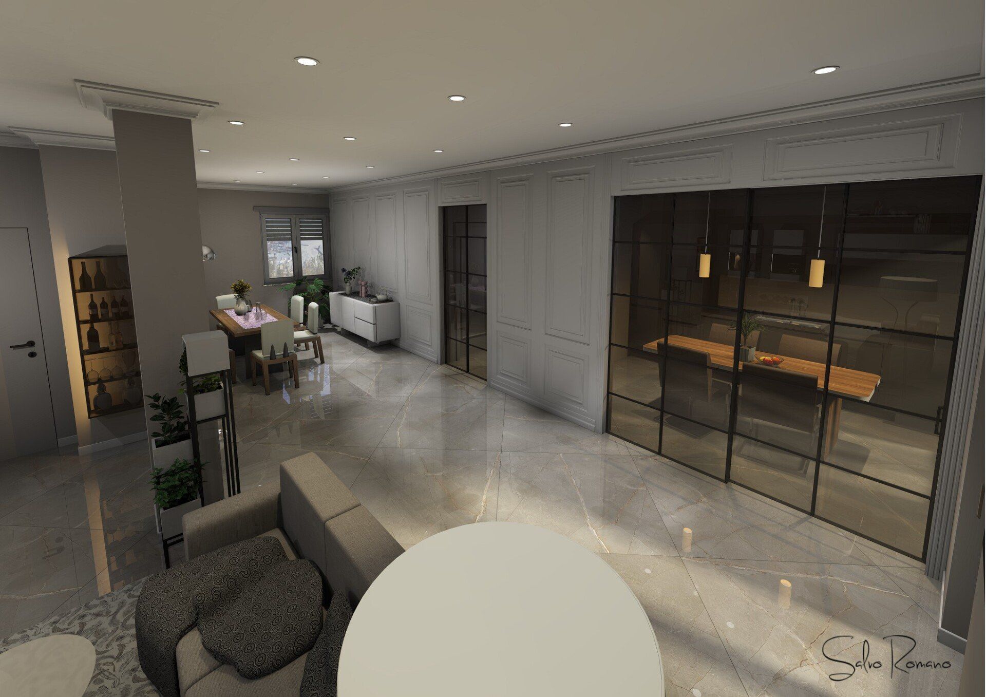 Interni moderni con divano grigio, open space, parete in vetro che conduce alla zona pranzo e spazio per l'ufficio.