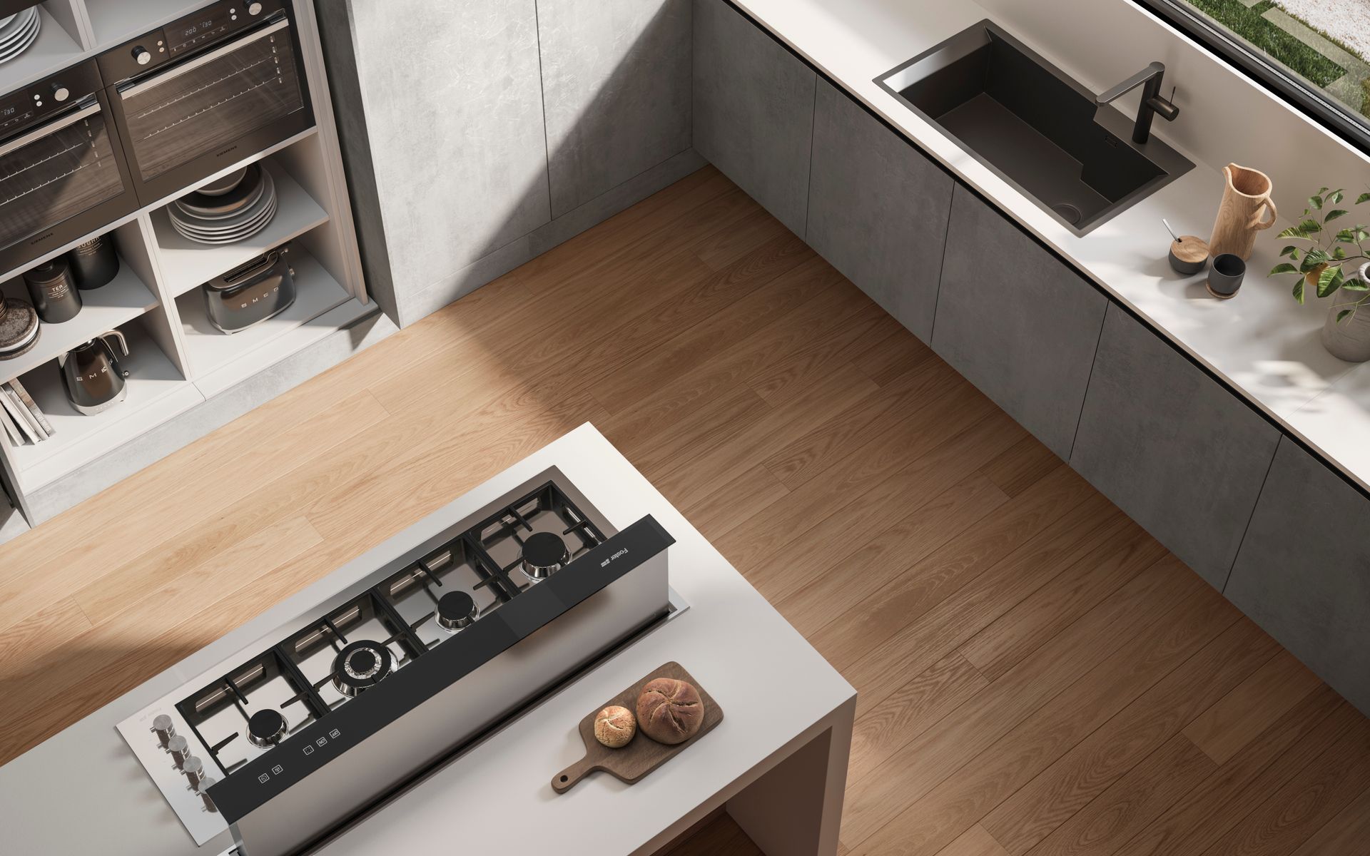 Cucina moderna con piano cottura a isola, lavello e pavimenti in legno. Luce solare.