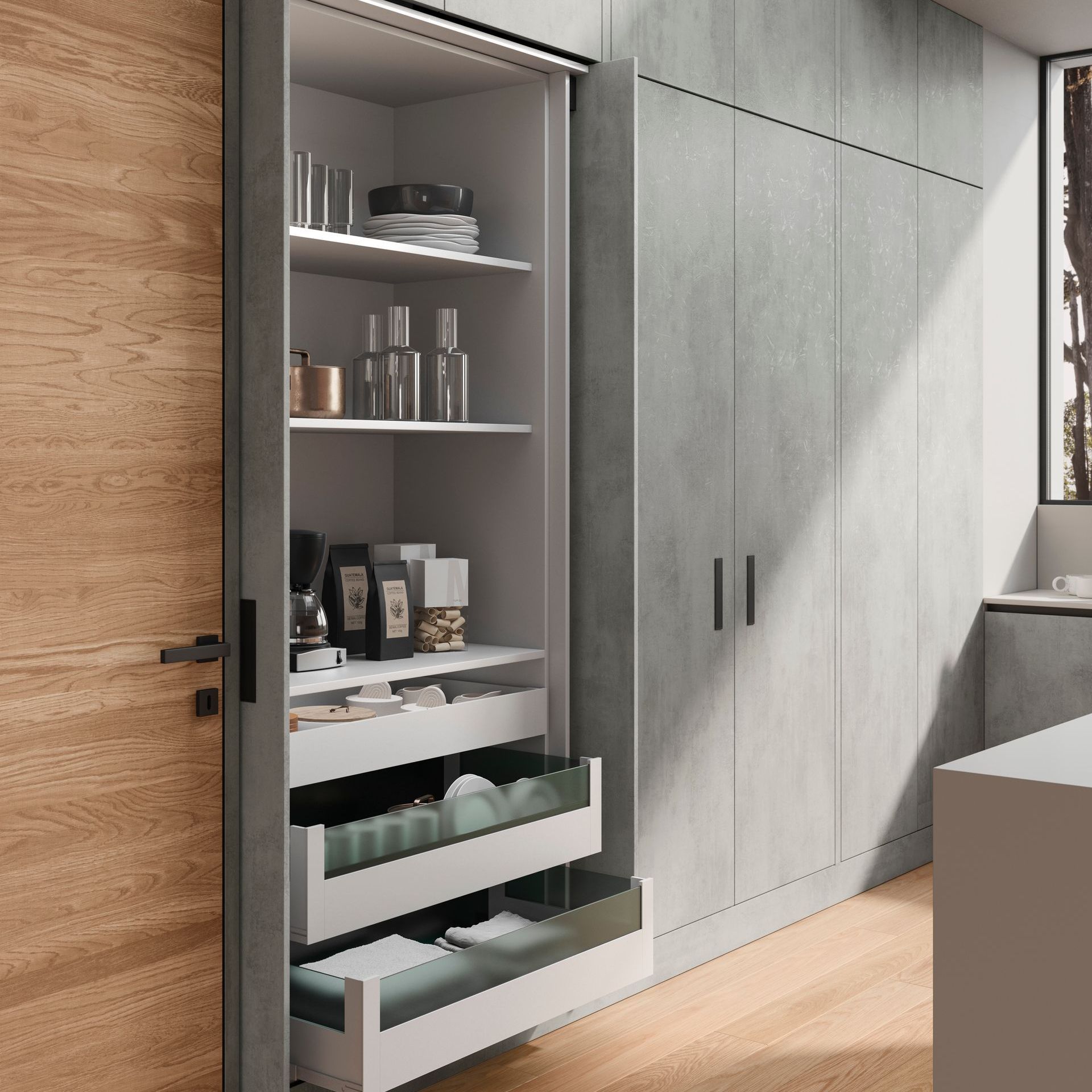 Mobile dispensa a giorno con ripiani, cassetti e vari oggetti. Finitura in legno chiaro e cemento grigio.