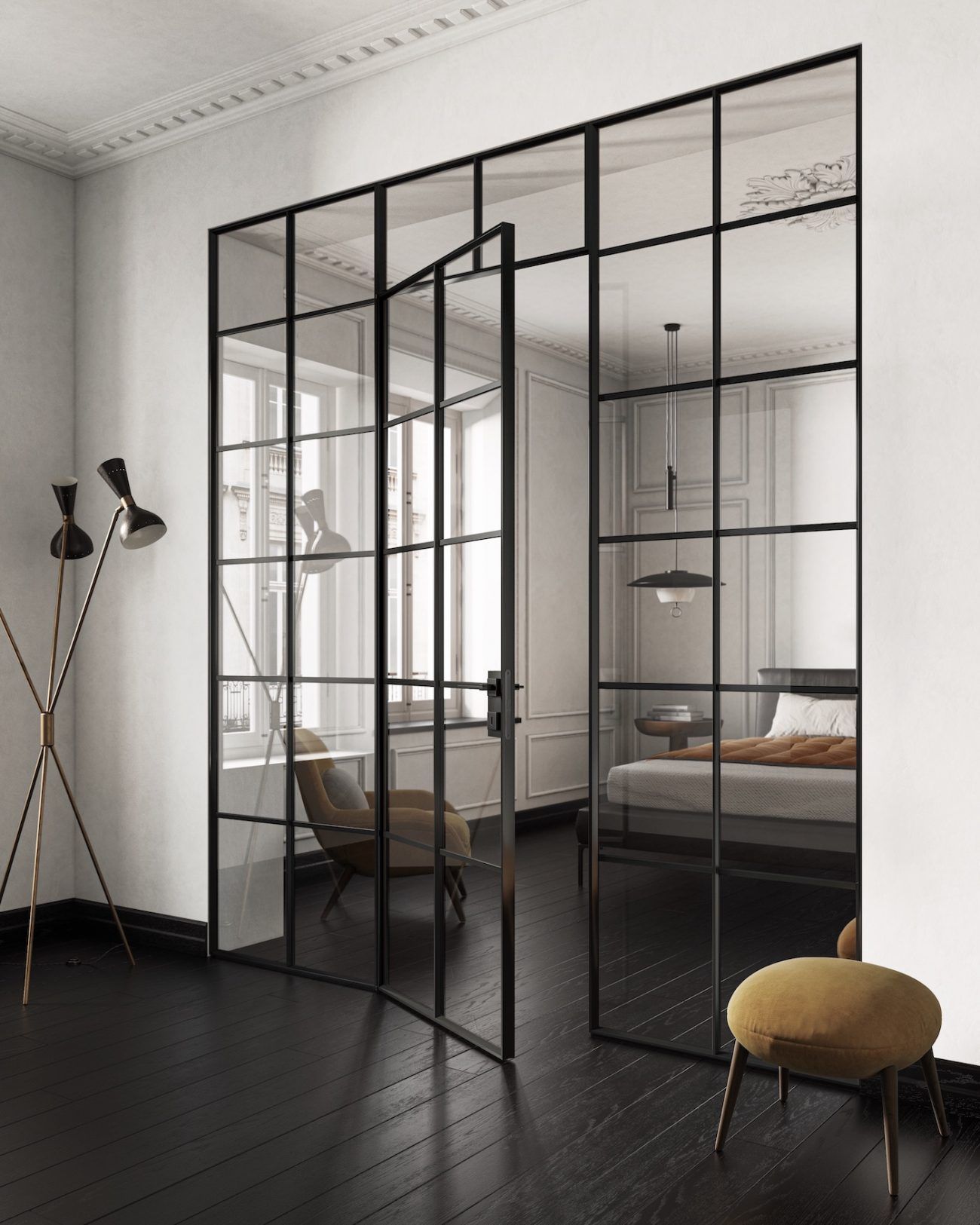 Porta in vetro con cornice nera, aperta su una camera da letto. Pavimenti neri, pareti bianche, design minimalista.