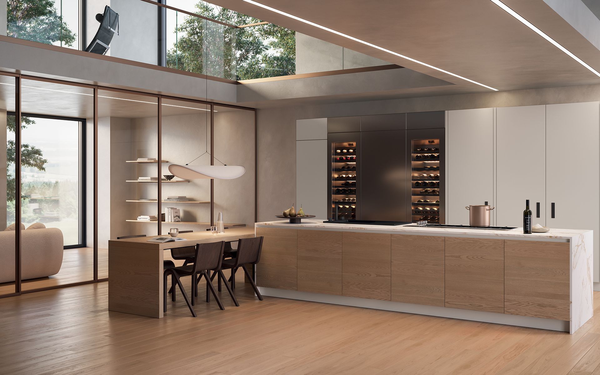 Cucina moderna con mobili in legno chiaro, una grande isola e una cantina per il vino integrata.