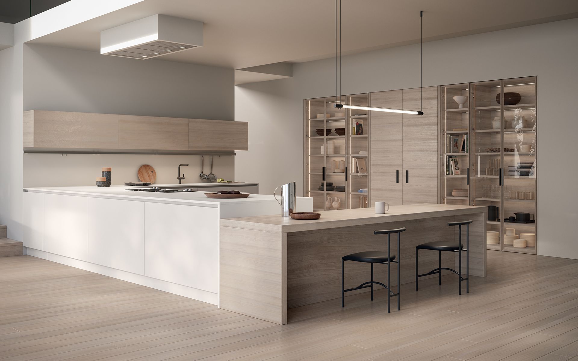 Cucina moderna con isola bianca, mobili in legno, sgabelli e scaffali a vista.