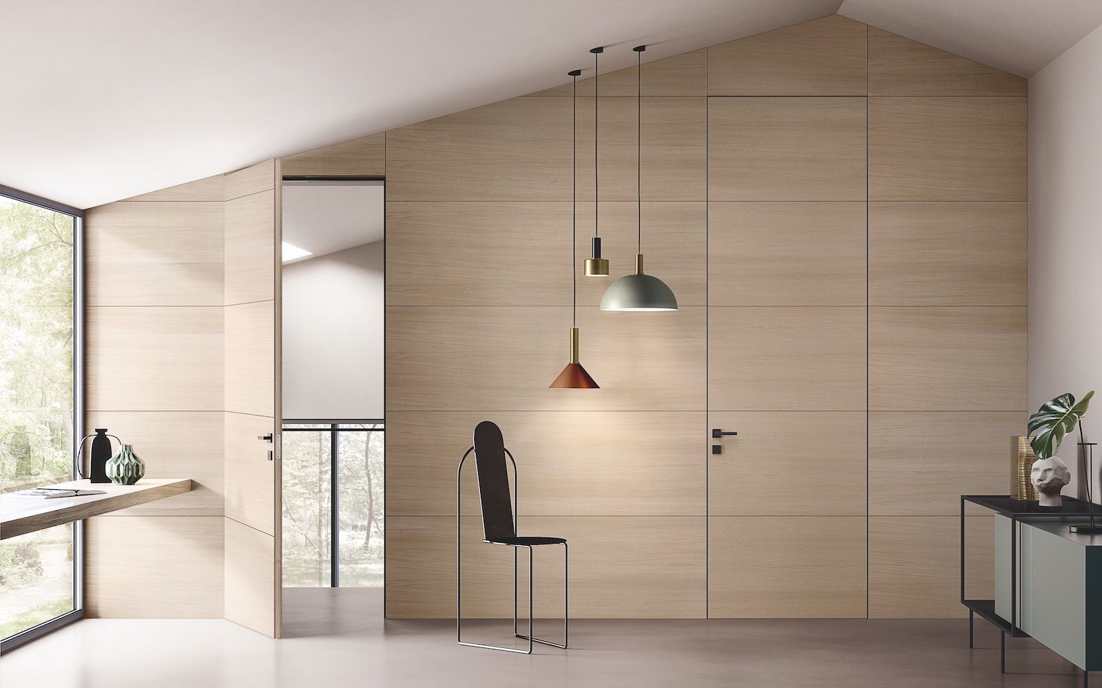 Camera moderna con pannelli in legno chiaro, ampia finestra, mobili minimalisti e lampade a sospensione.