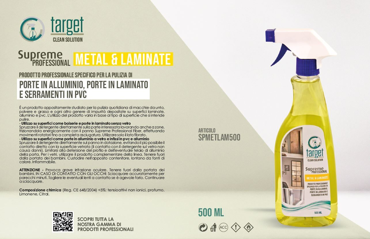Flacone di detergente Target Professional Metal & Laminate, liquido giallo, ugello spray, etichetta informativa sul prodotto.