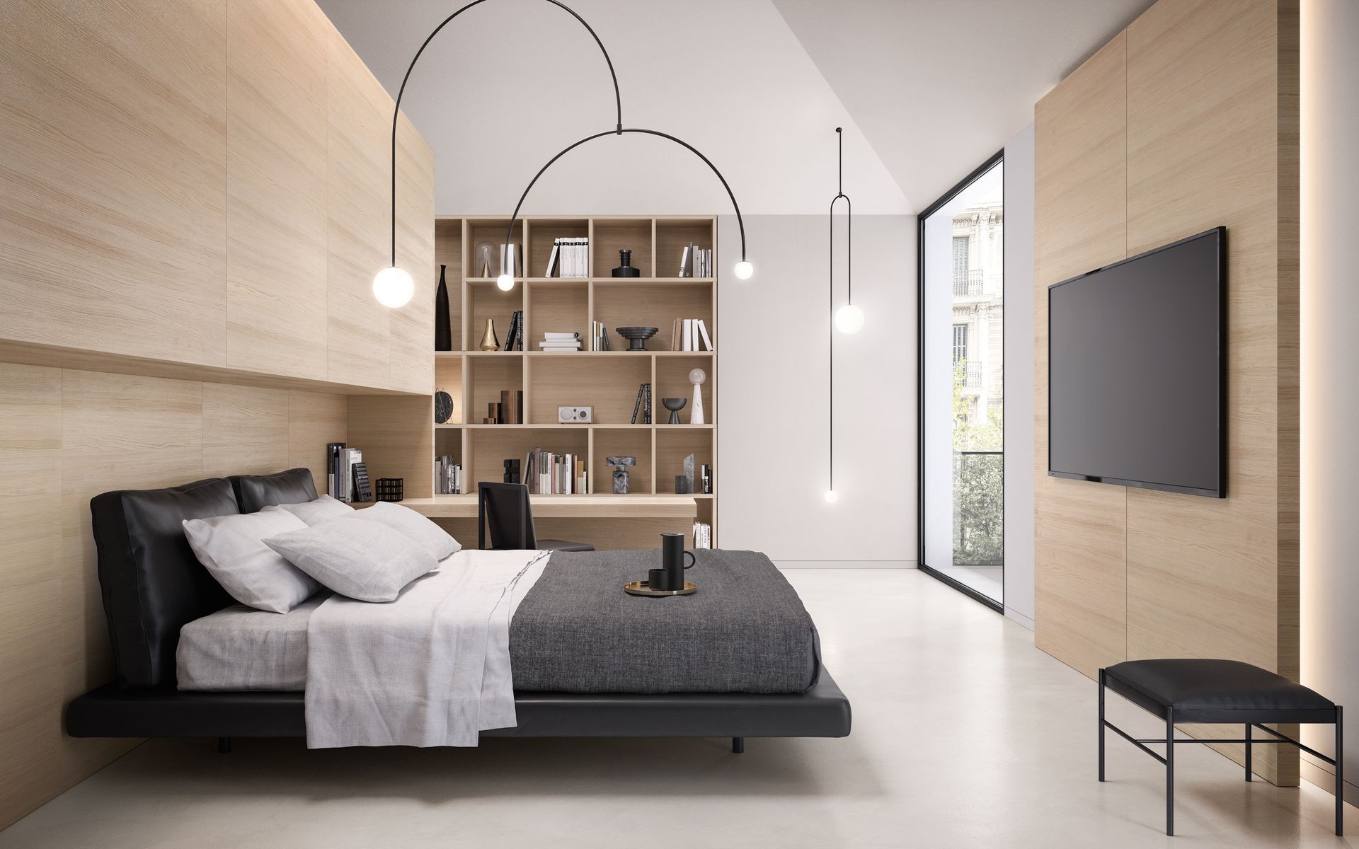 Camera da letto moderna con pannelli in legno chiaro, mobili minimalisti e ampia finestra.
