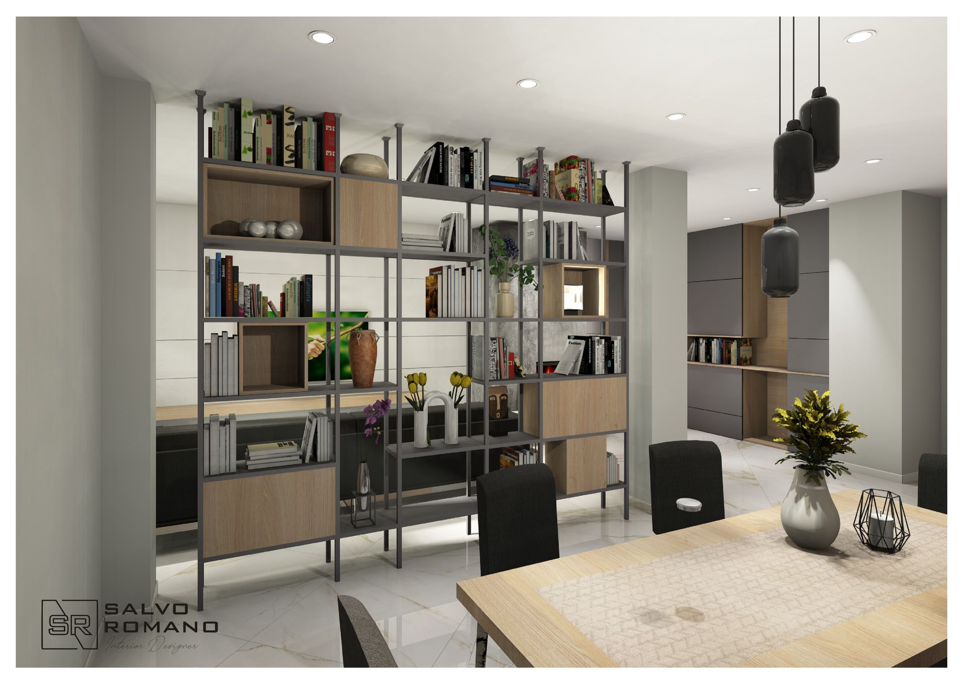 Interno con libreria divisoria, tavolo, sedie e lampade a sospensione. Colori neutri, design moderno.