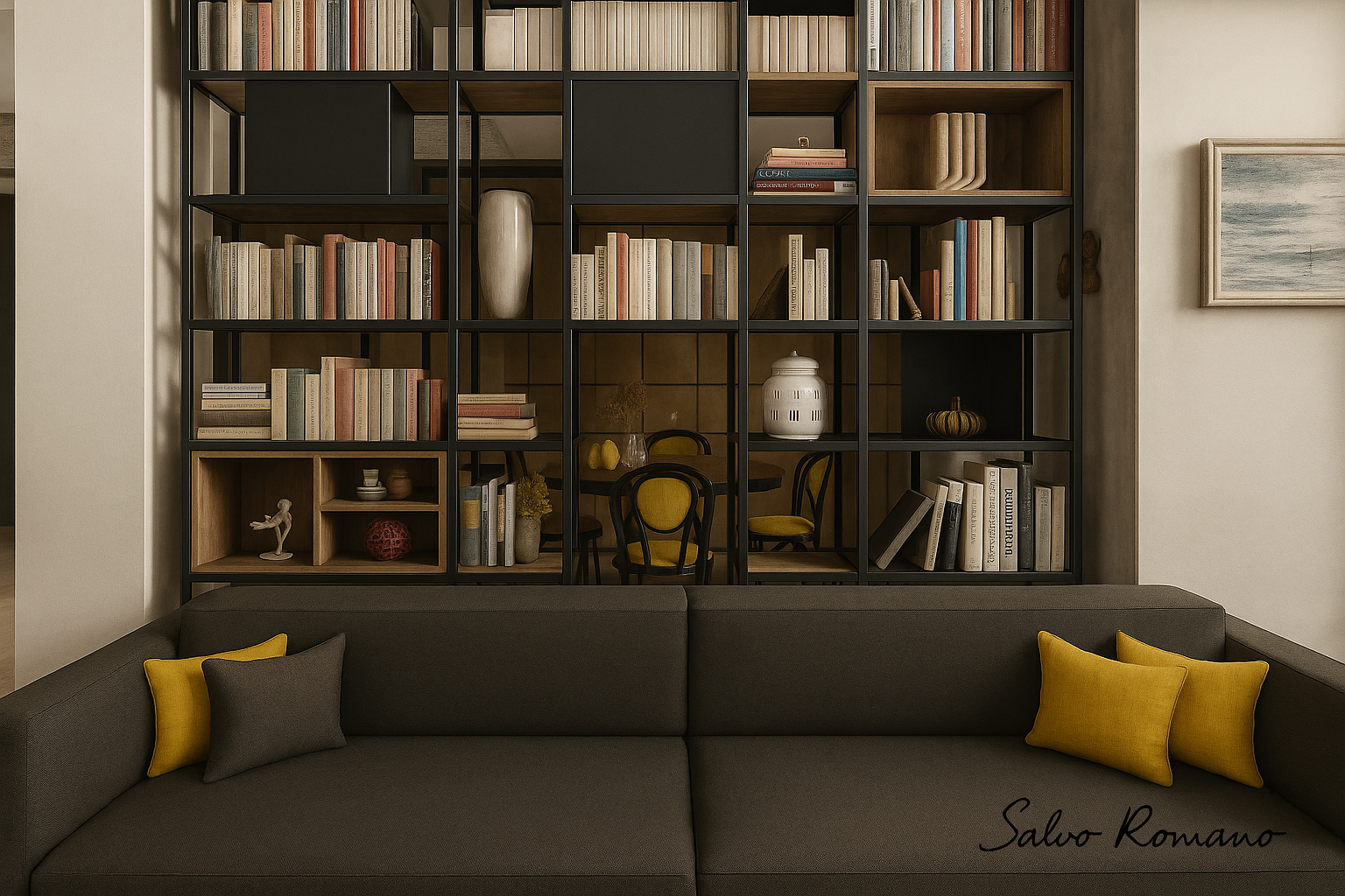 Soggiorno con divano grigio scuro, librerie piene di libri e cuscini gialli.