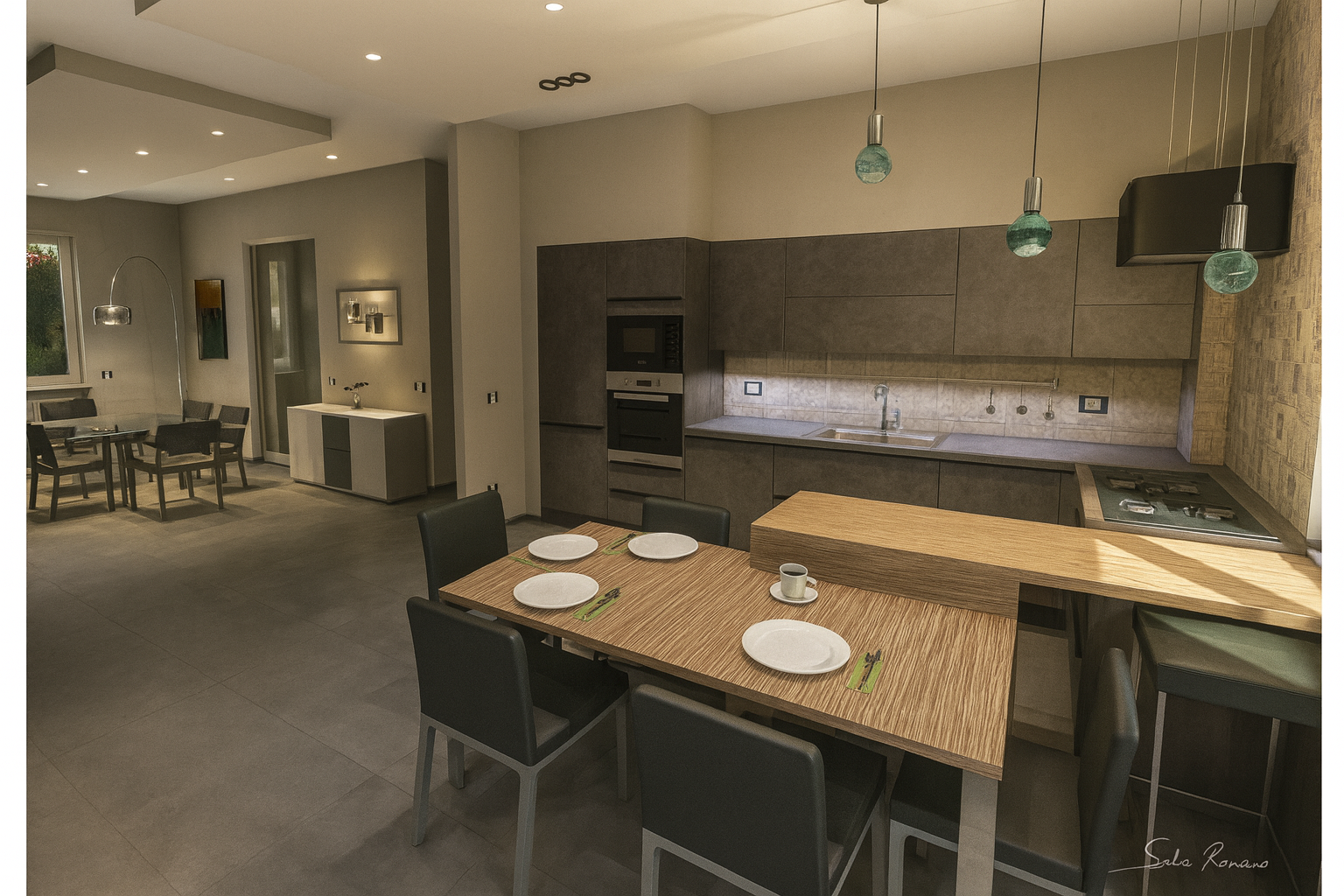 Cucina e sala da pranzo moderne con mobili grigi, tavolo in legno e luci blu sospese.