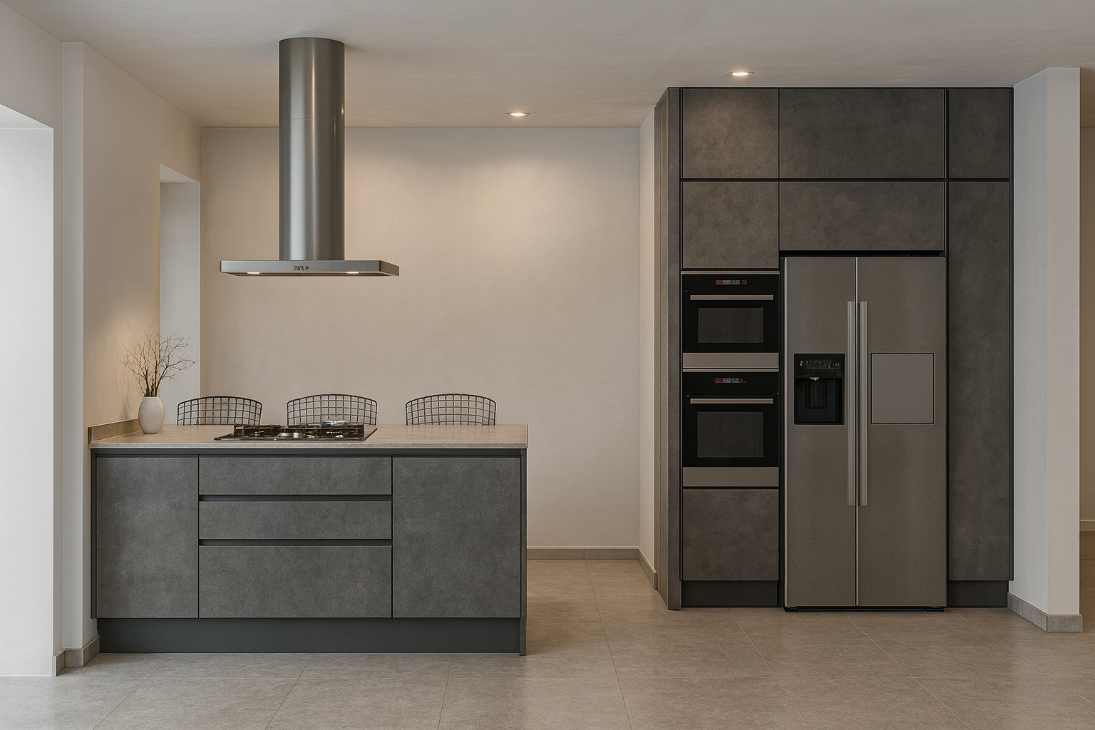 Cucina moderna con mobili grigi, isola, elettrodomestici in acciaio inossidabile e cappa.