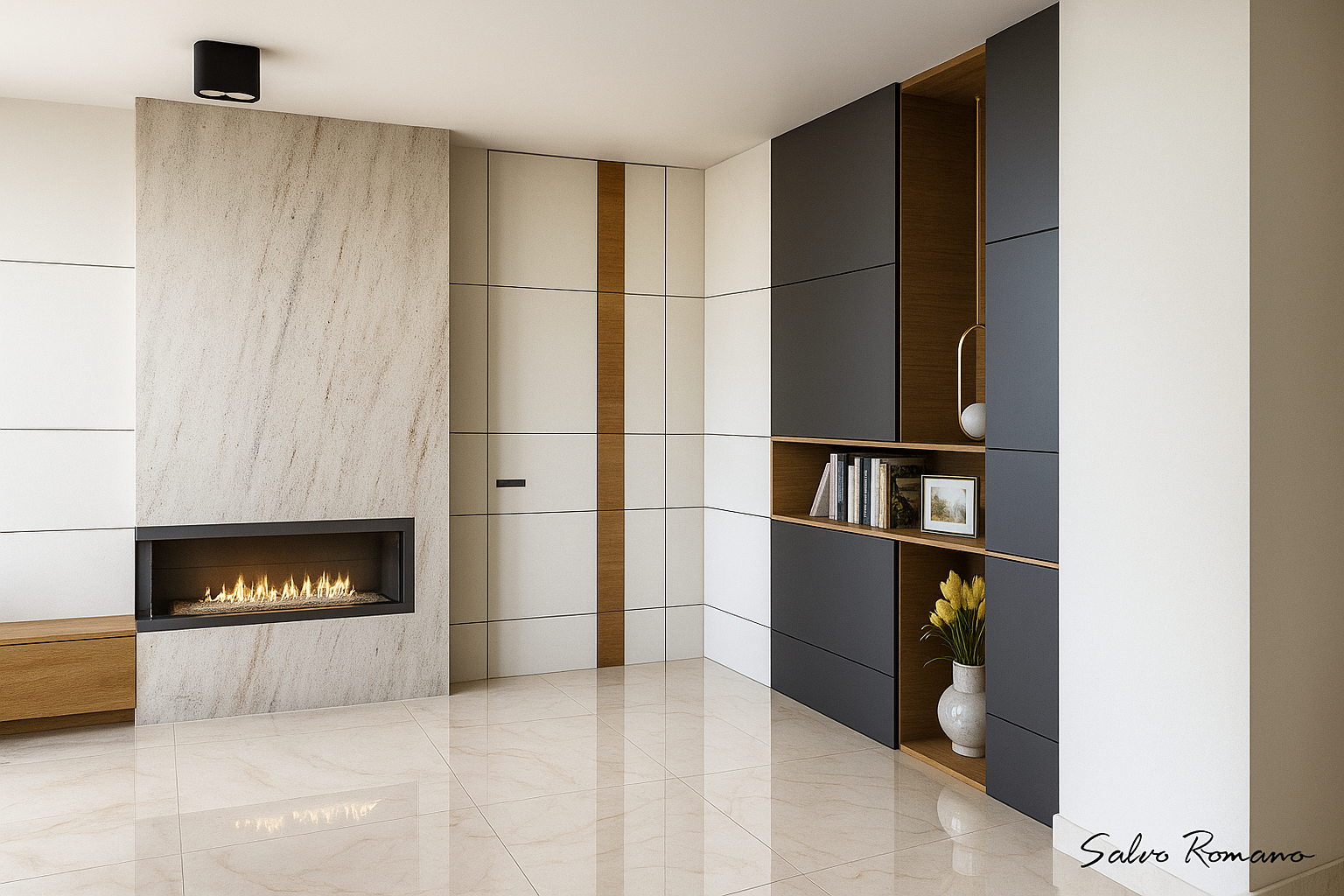 Soggiorno moderno con camino, scaffalature integrate e parete in pietra chiara.