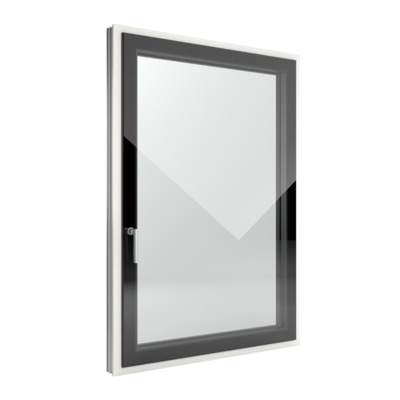 Finestra con cornice nera e finiture bianche, maniglia laterale e vetro riflettente.