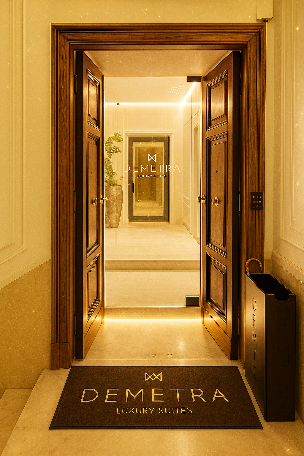 Porte di legno aperte che rivelano il corridoio di un hotel. Sullo zerbino c'è la scritta