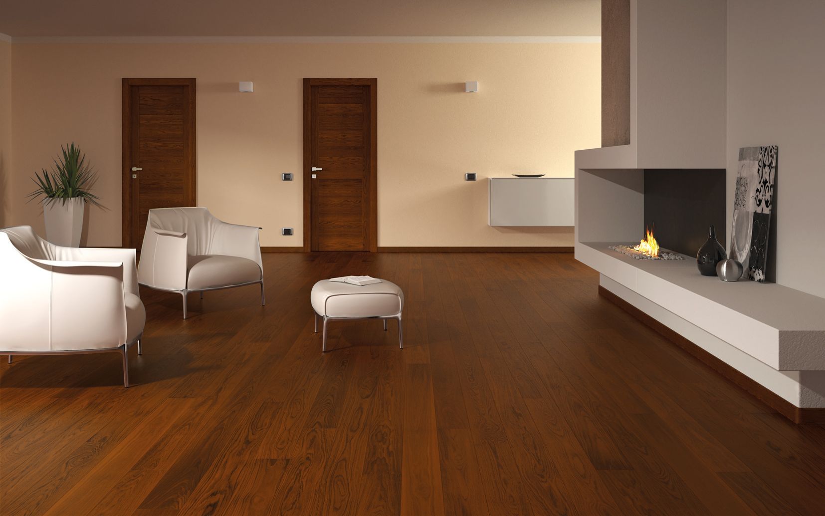 Soggiorno con pavimento in legno, mobili bianchi, camino e due porte marroni.