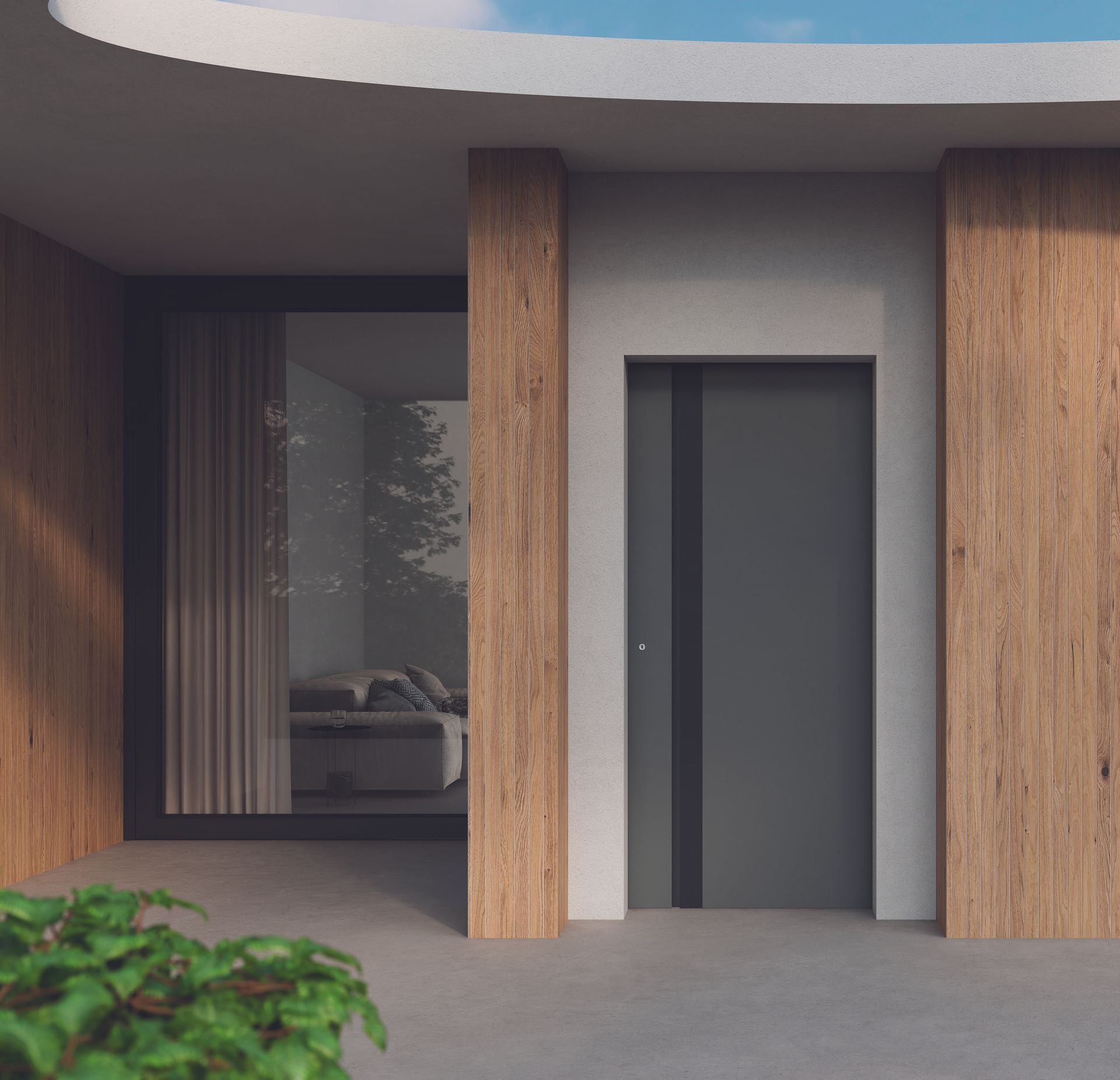 Ingresso di un edificio moderno con porta grigia, pannelli in legno e un portale aperto che rivela l'interno.