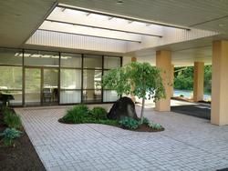 Covered courtyard with tiled floor, glass walls, and a small landscaped planter with a tree.