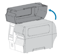 A line drawing shows the top cover of a desktop printer being opened upward, indicated by a curved blue arrow.