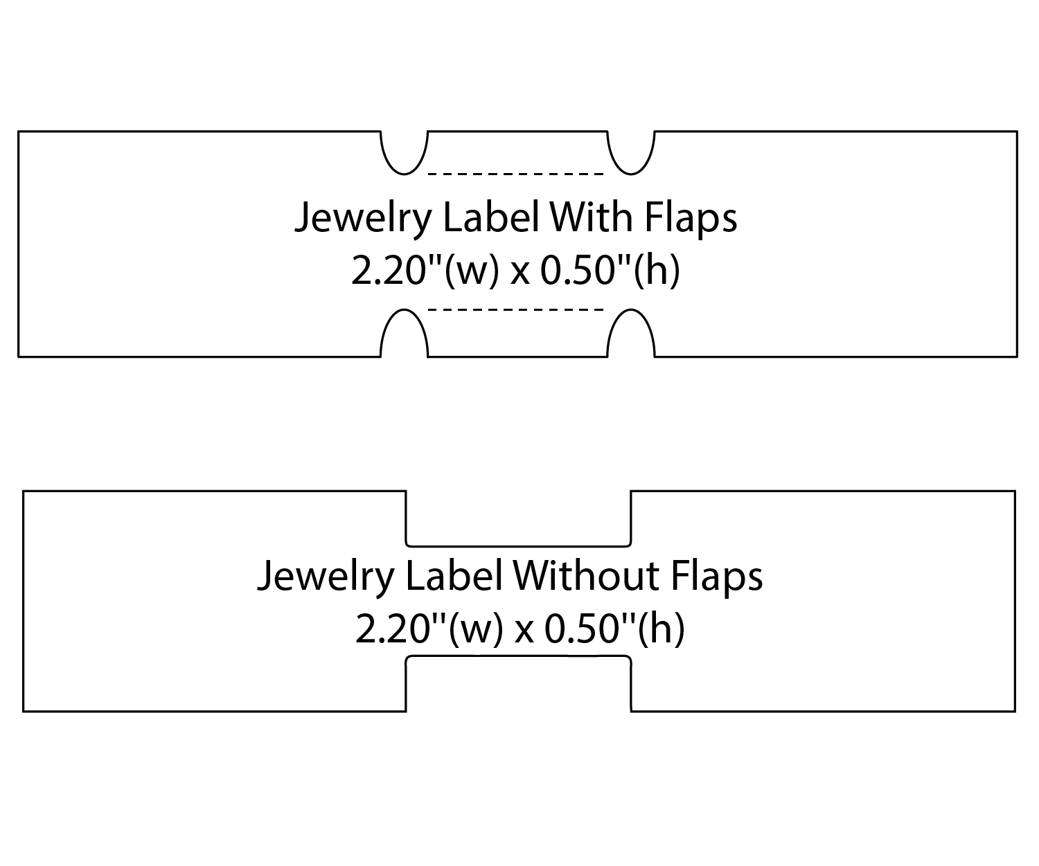 Diagrams of jewelry labels, one with flaps, one without flaps, both 2.20
