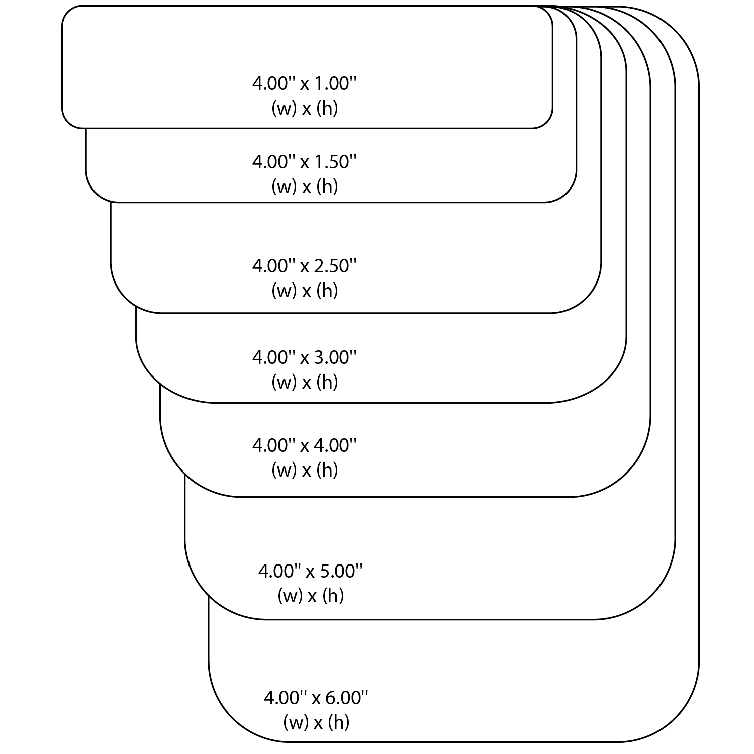 A stack of rectangular labels with rounded corners, each 4 inches wide and varying in height from 1 to 6 inches.