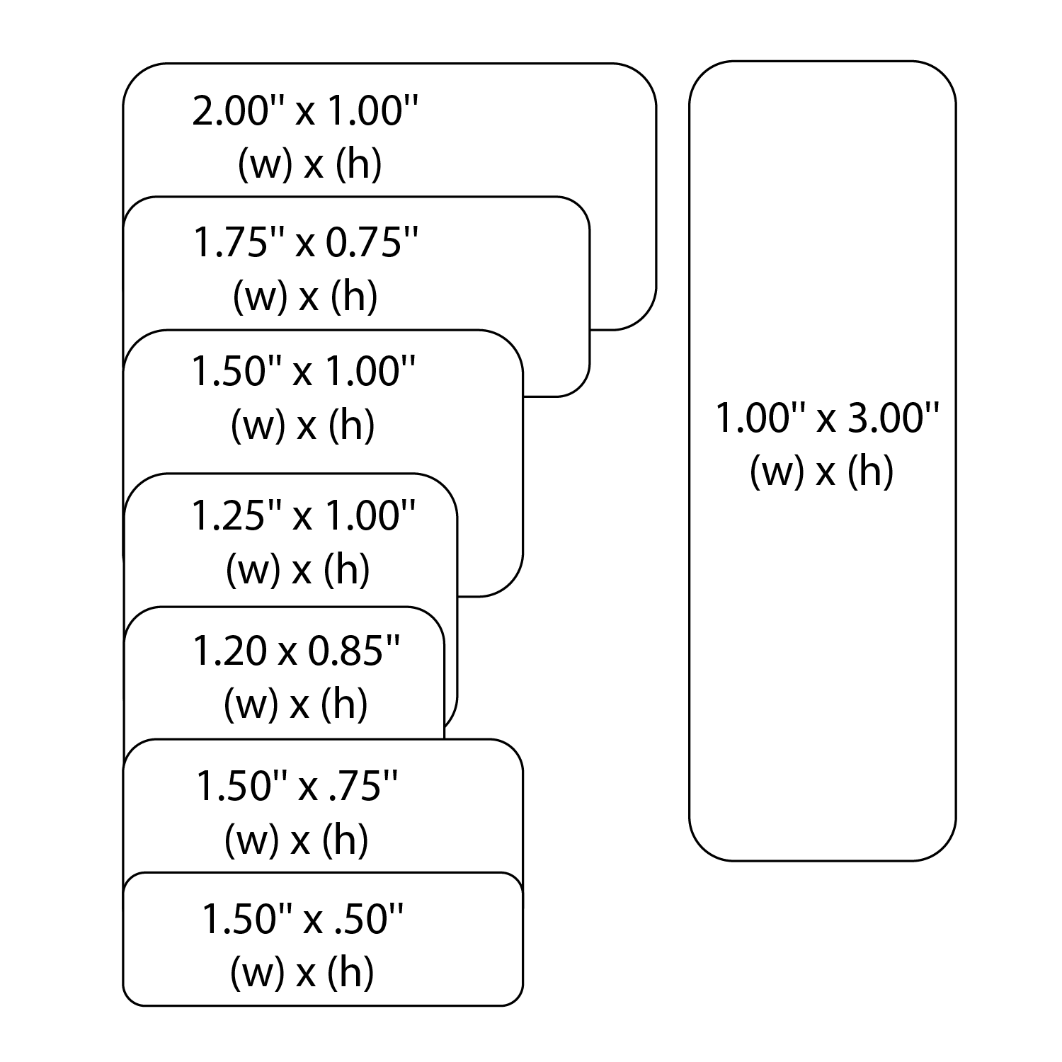 Diagram of label sizes in inches, ranging from 2.00 x 1.00 to 1.50 x .50, and one at 1.00 x 3.00.