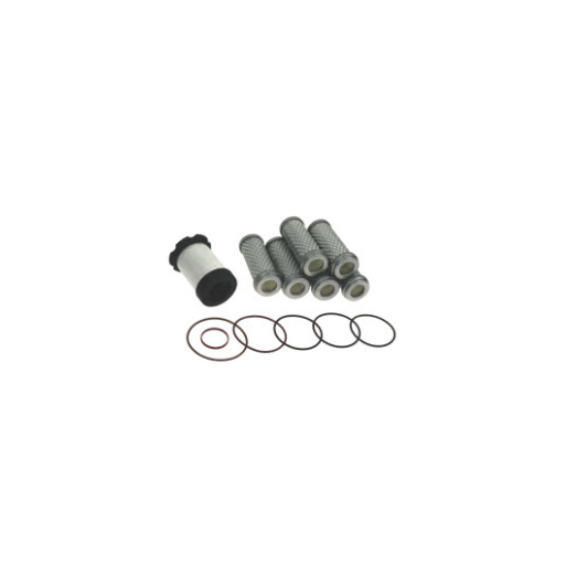 Five cylindrical air filter cartridges on a white background, one white center filter with black ends.