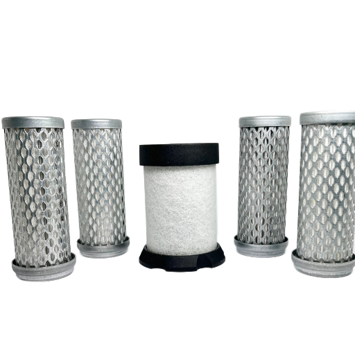 Five cylindrical air filter cartridges on a white background, one white center filter with black ends.