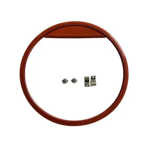 Brown circular leather strap with two small metal clasps on a white background