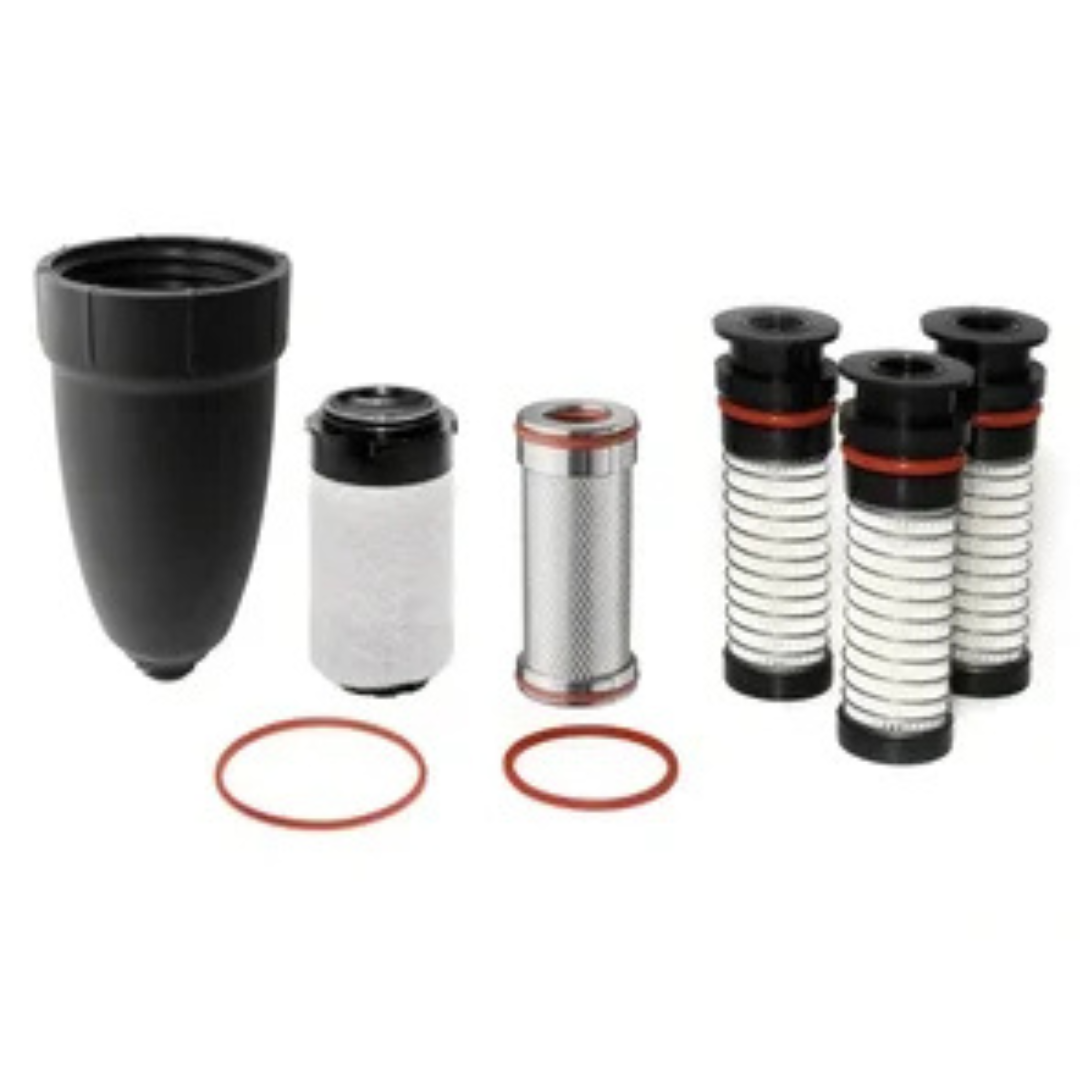 Black automotive fluid filter kit with two tall cartridge filters, two smaller filters, and a ring seal