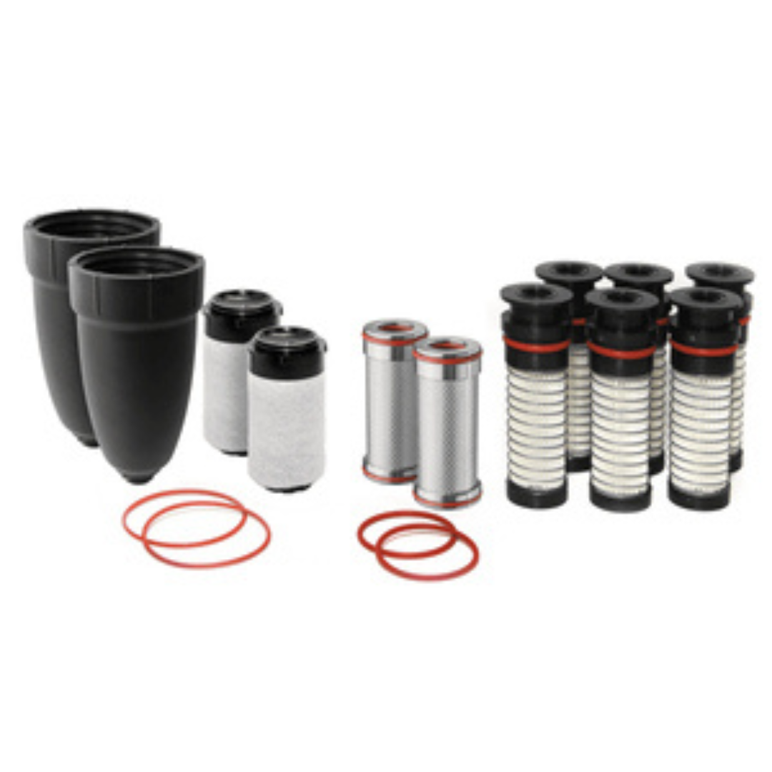 Black canister with three white filter cartridges and two rings on a white surface