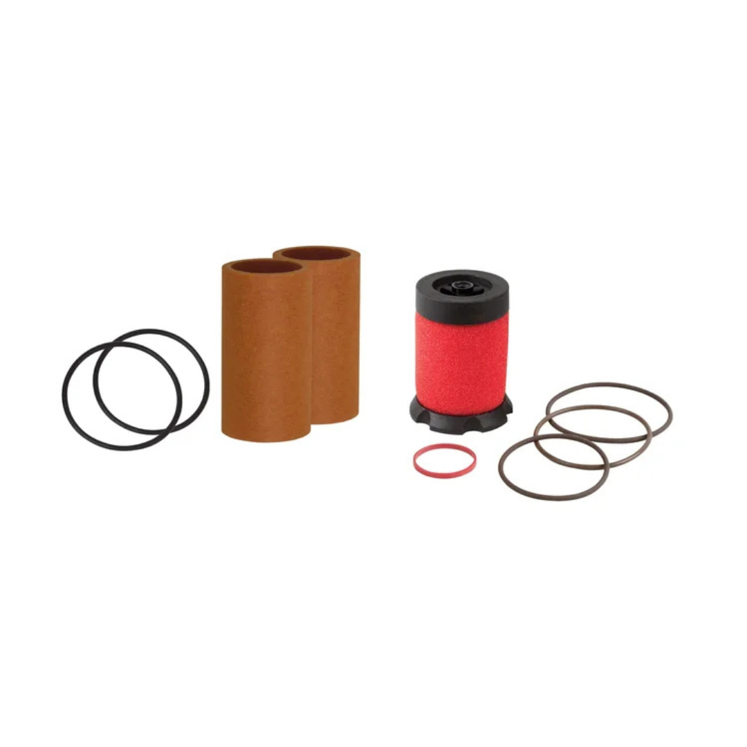 Red and brown air filter kit with multiple black O-rings on a white background