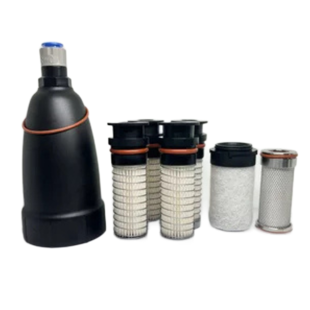Black automotive fluid filter kit with two tall cartridge filters, two smaller filters, and a ring seal